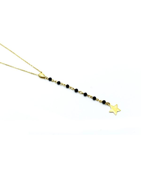 Necklace made of Silver 925, Gold Plated, with teardrop motif, chain with 7 black crystals & amp; Star motif.