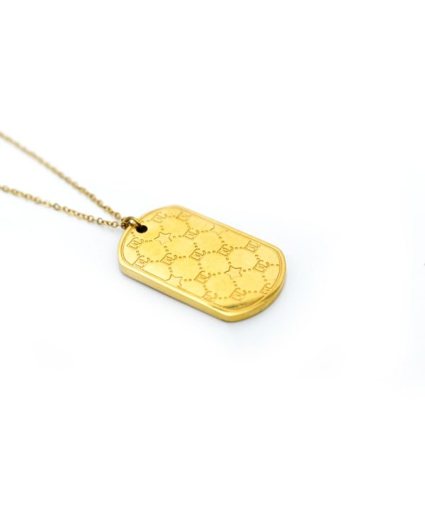 Necklace with rectangular element made of gold plated stainless steel. It is completely hypoallergenic and does not tan.